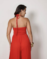 Red Pleated Wide-Leg Jumpsuit - Strapless Halter Neck Evening & Party Outfit