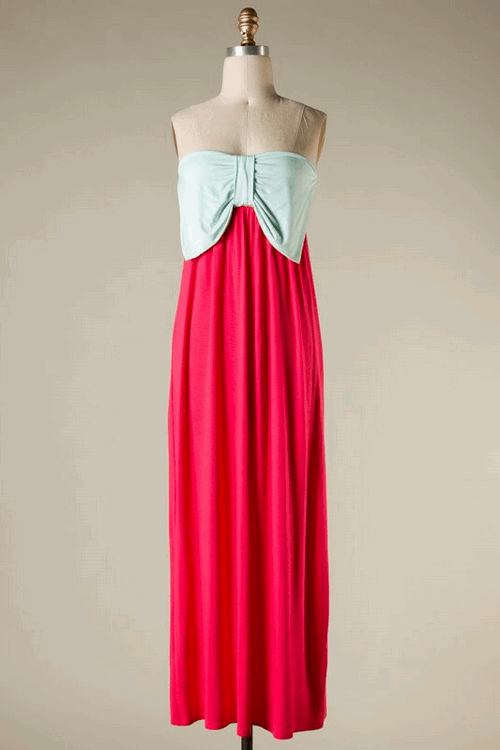 Ice Mint-Coral Strapless Maxi Dress