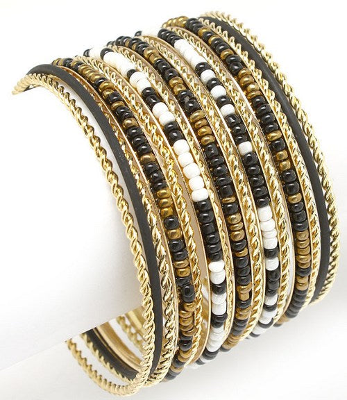 Black & White Gold Tone Bead Bangle Bracelet Set